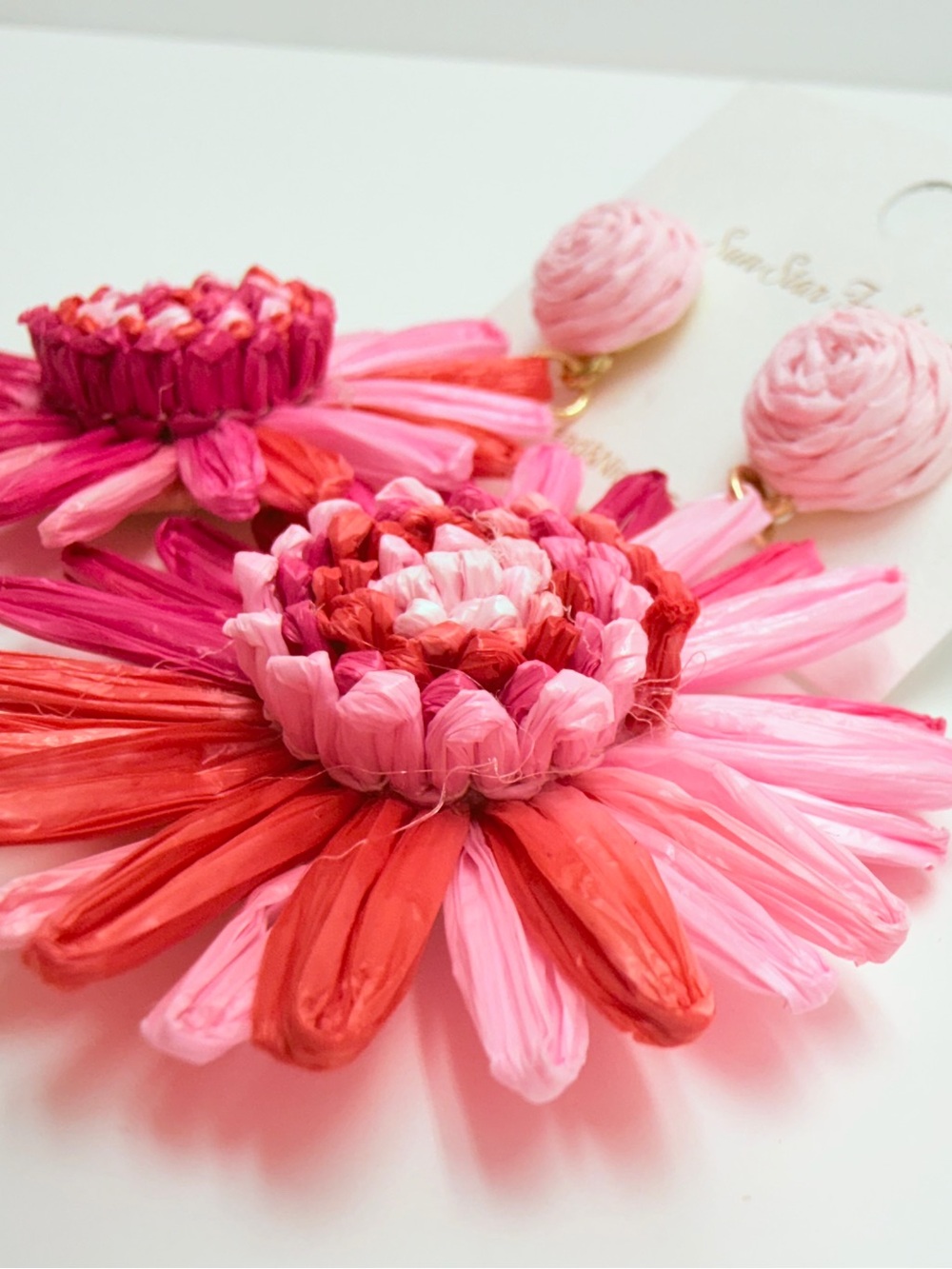 Pink & Red Floral Raffia Drop Earrings - Picture 2 of 5